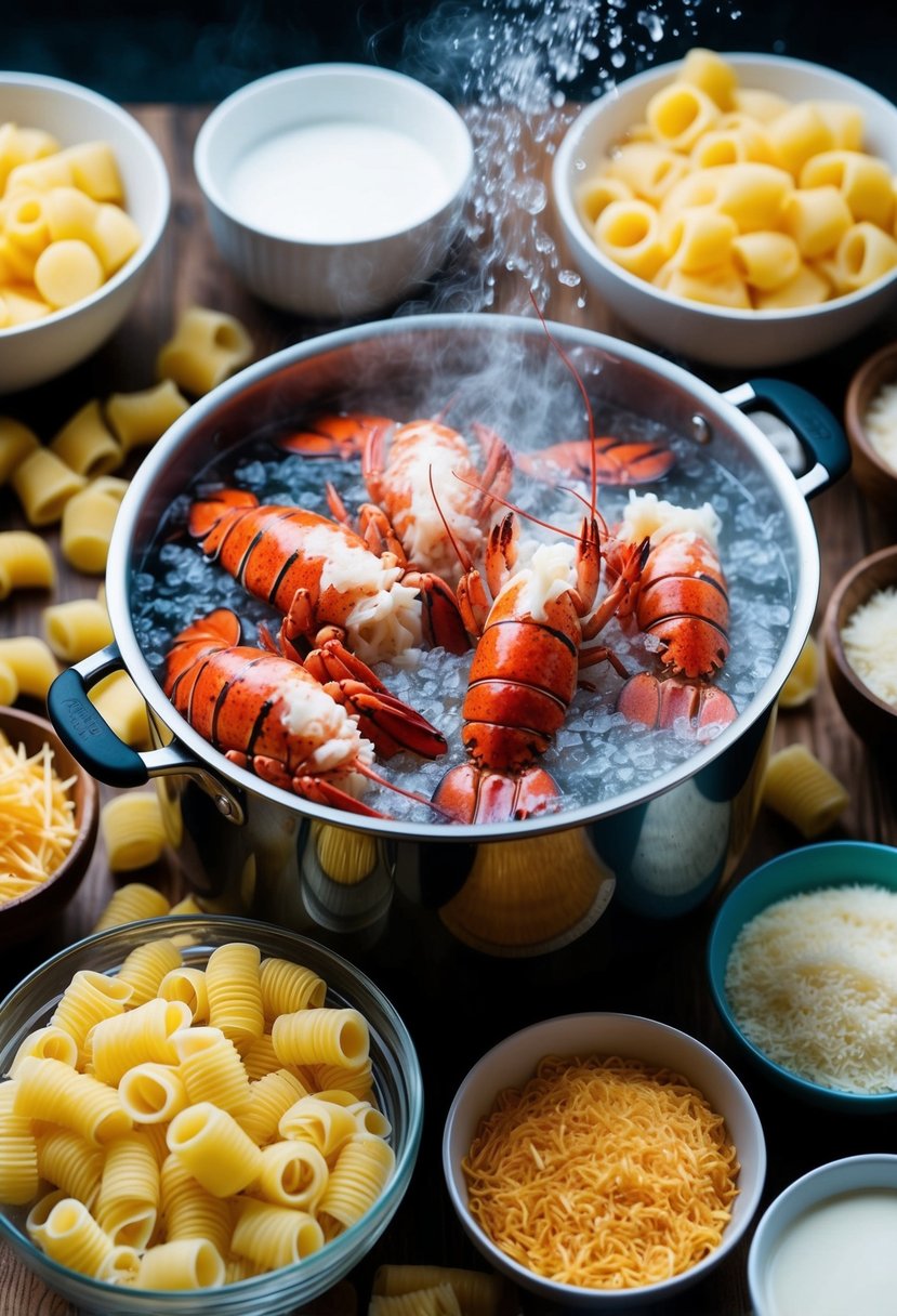 A large pot of boiling water with lobster tails and pasta, surrounded by bowls of grated cheese and milk