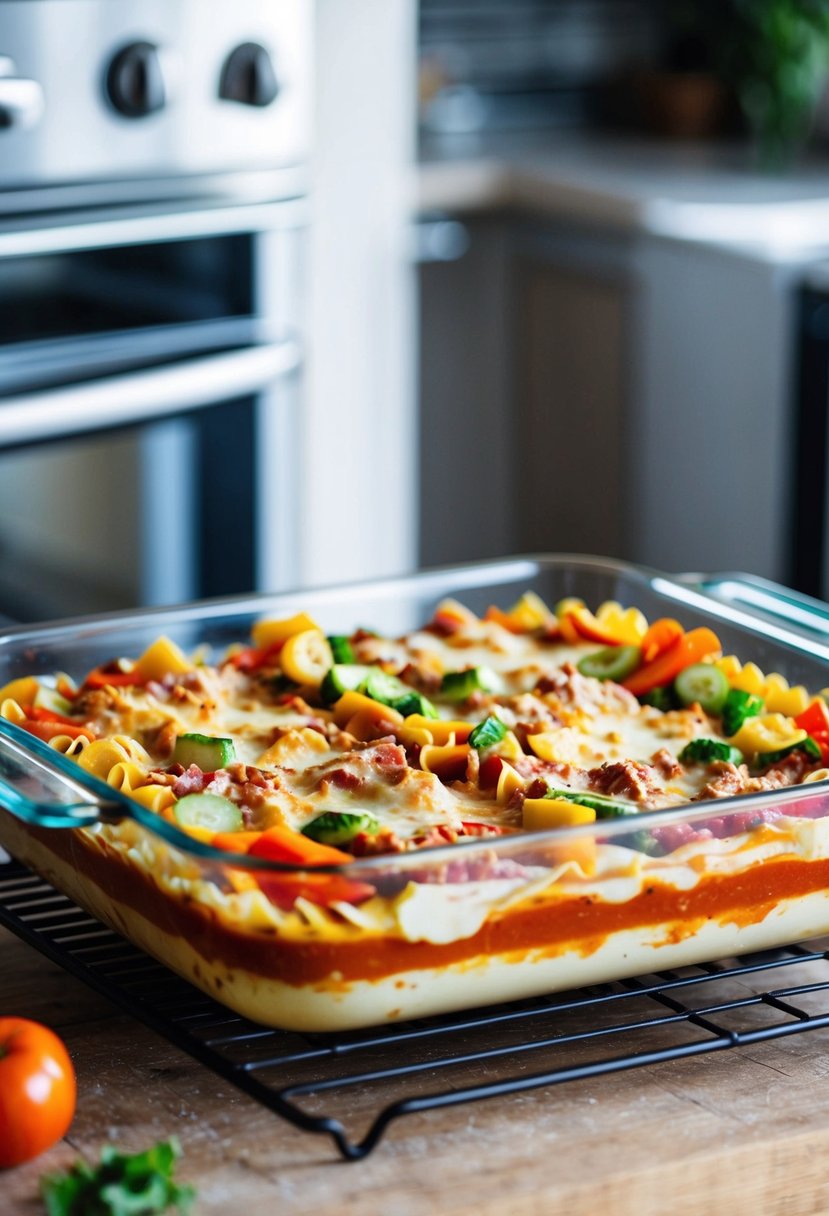 A baking dish filled with layers of colorful vegetables, lasagna noodles, and creamy sauce, ready to be placed in the oven