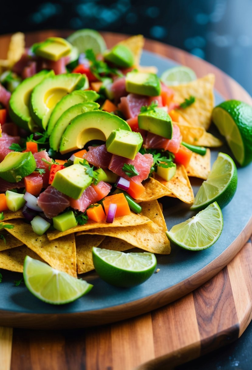 A platter of colorful nachos topped with spicy ahi tuna, fresh vegetables, and creamy avocado, served on a wooden board with a side of zesty lime wedges