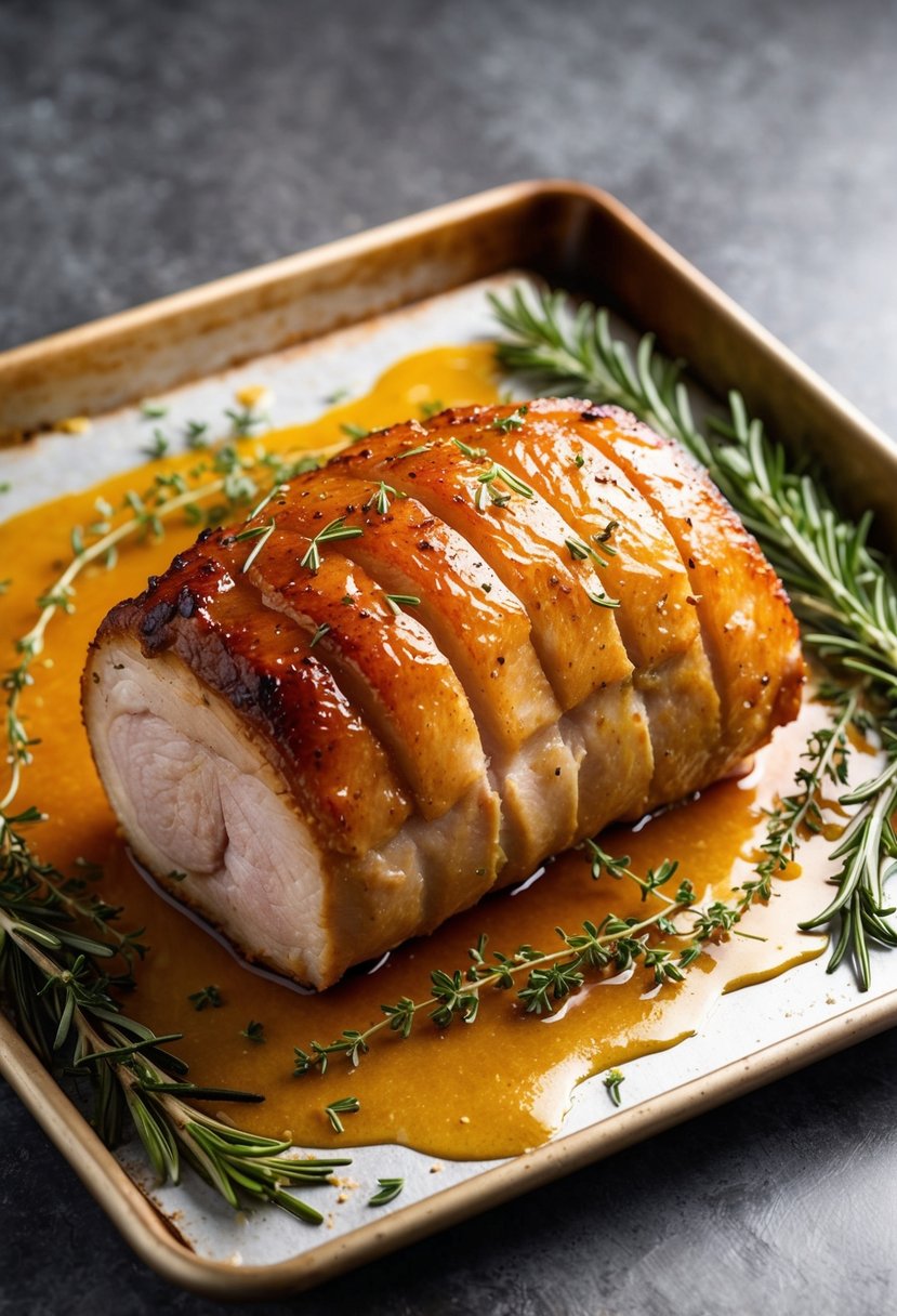 A golden-brown pork loin sits on a baking sheet, glistening with honey-mustard glaze, surrounded by sprigs of fresh rosemary and thyme