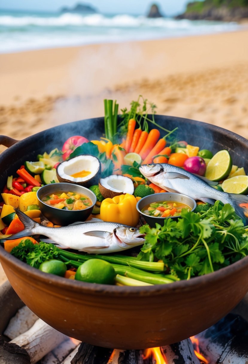 A colorful array of fresh vegetables, fish, and coconut milk simmering in a large clay pot over a crackling fire on a Brazilian beach