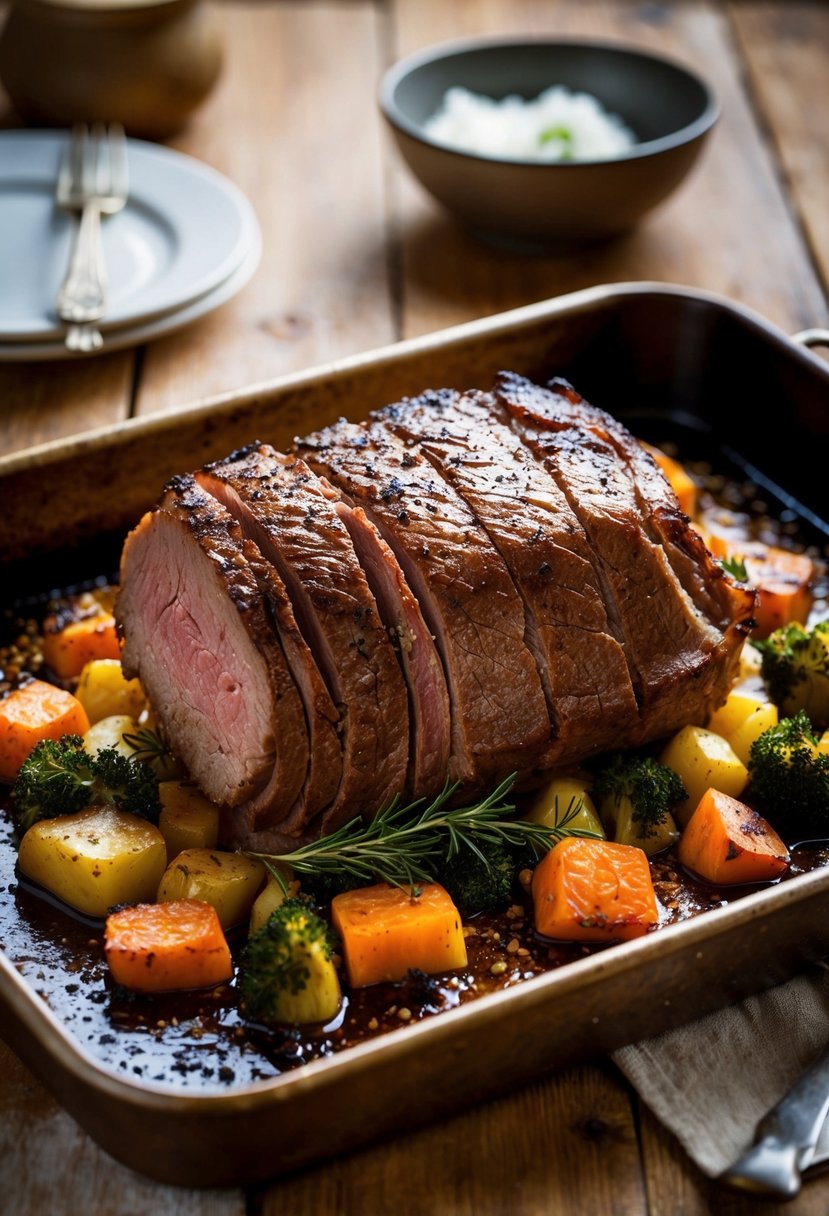 A juicy roast beef, golden brown and sizzling, sits on a bed of roasted vegetables in a rustic oven tray