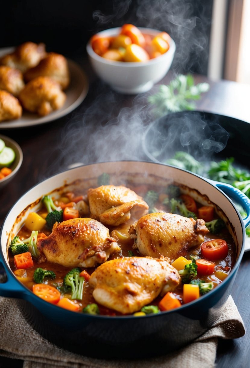 A steaming casserole dish filled with golden-brown chicken, colorful vegetables, and bubbling sauce fresh out of the oven