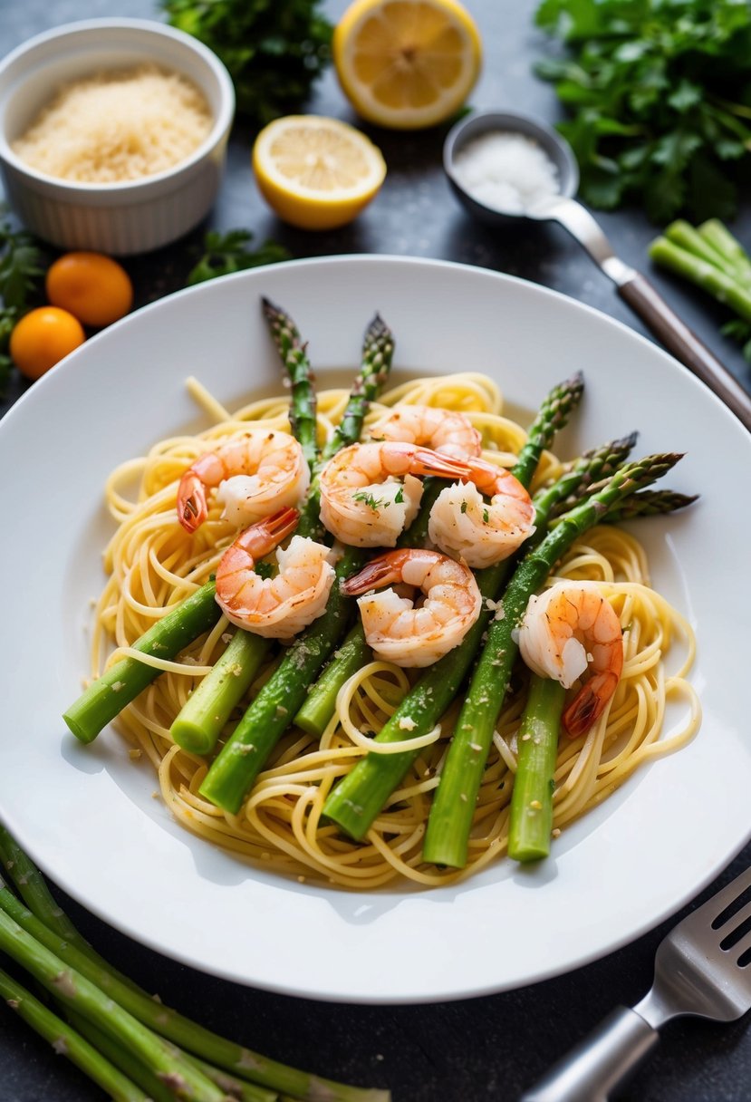 A plate of asparagus 'n' shrimp with angel hair pasta, surrounded by fresh ingredients and cooking utensils