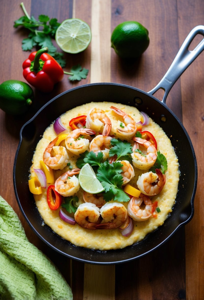 A sizzling skillet of shrimp and grits with colorful bell peppers and onions, topped with fresh cilantro and a squeeze of lime