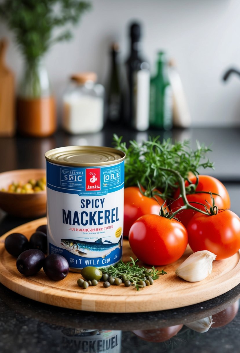 A can of spicy mackerel surrounded by tomatoes, olives, capers, and garlic, with a sprig of fresh herbs on a kitchen counter