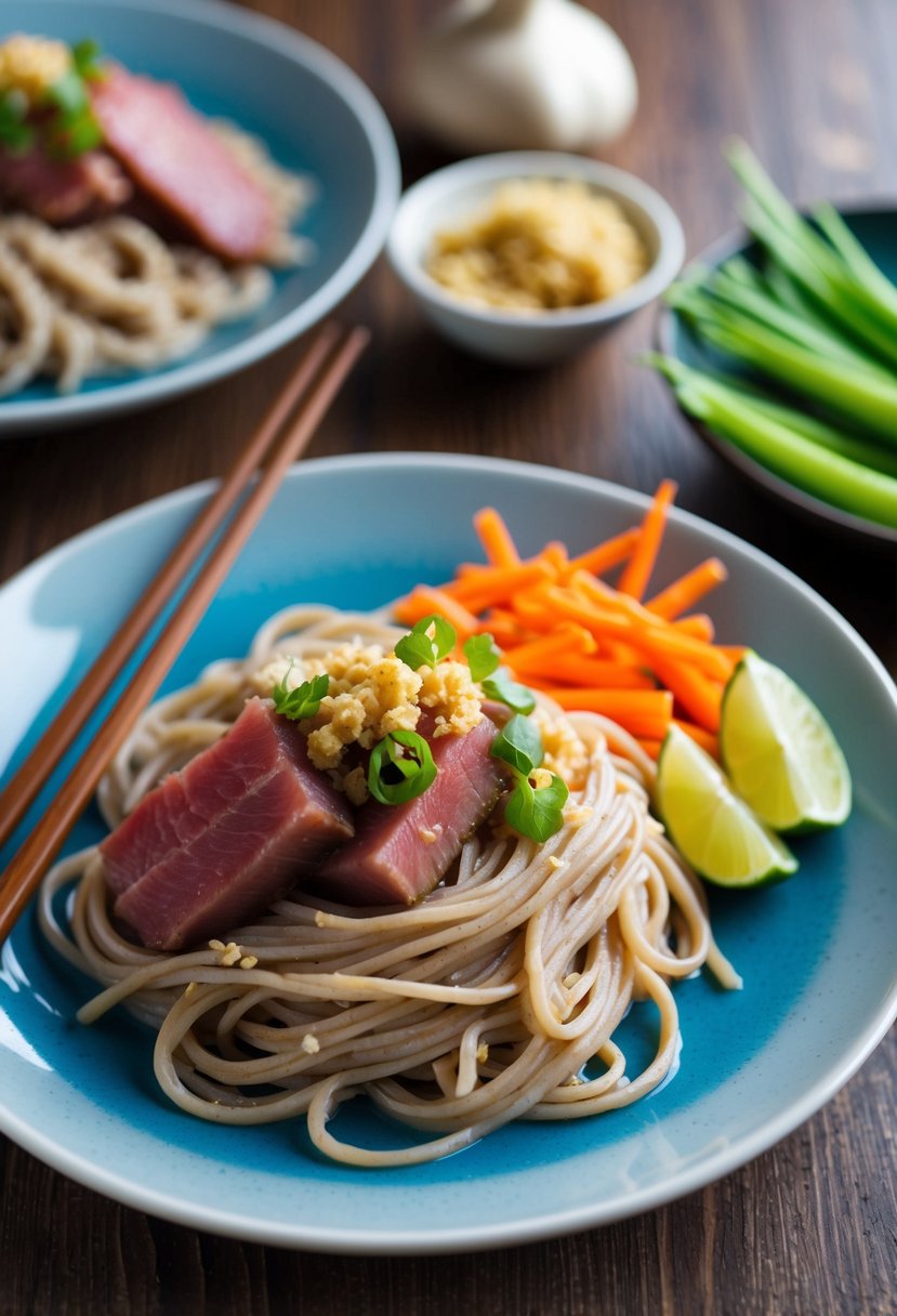 A plate of Ginger-Garlic Ahi Tuna Soba Noodles with chopsticks and a side of fresh vegetables