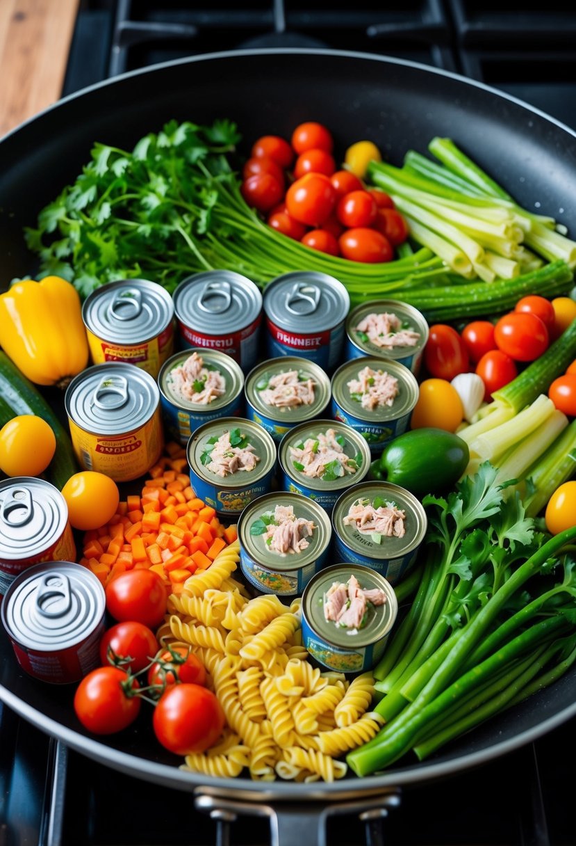 A colorful array of fresh vegetables, canned tuna, and pasta cooking in a large skillet over a stovetop