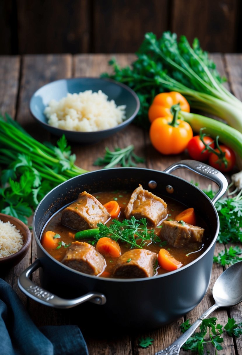 A simmering pot of oxtail stew surrounded by fresh vegetables and herbs on a rustic wooden table