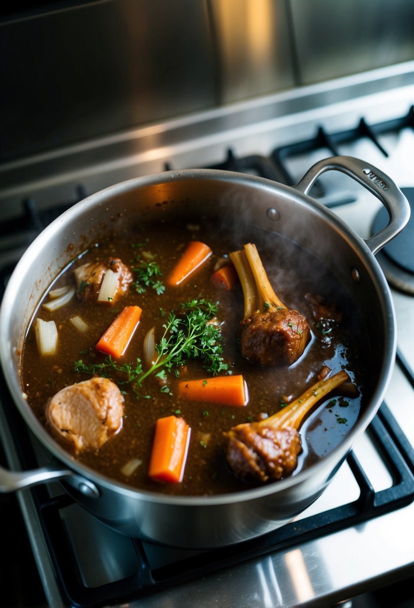 A pot simmering on a stove, filled with rich, dark oxtail stew. Carrots, onions, and herbs float in the savory liquid