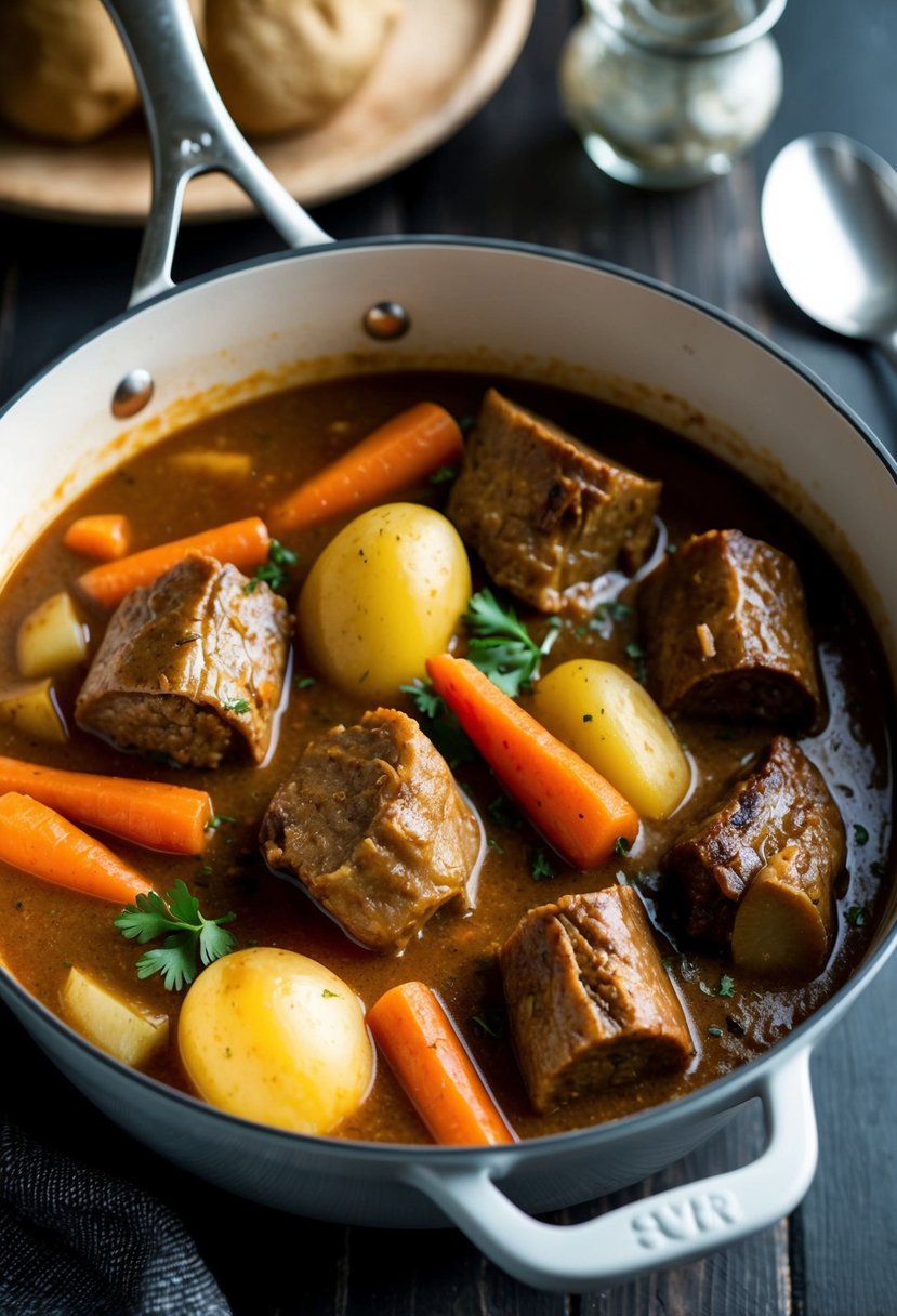 A simmering pot of Jamaican Oxtail Stew with carrots, potatoes, and savory oxtail pieces in a rich, fragrant gravy