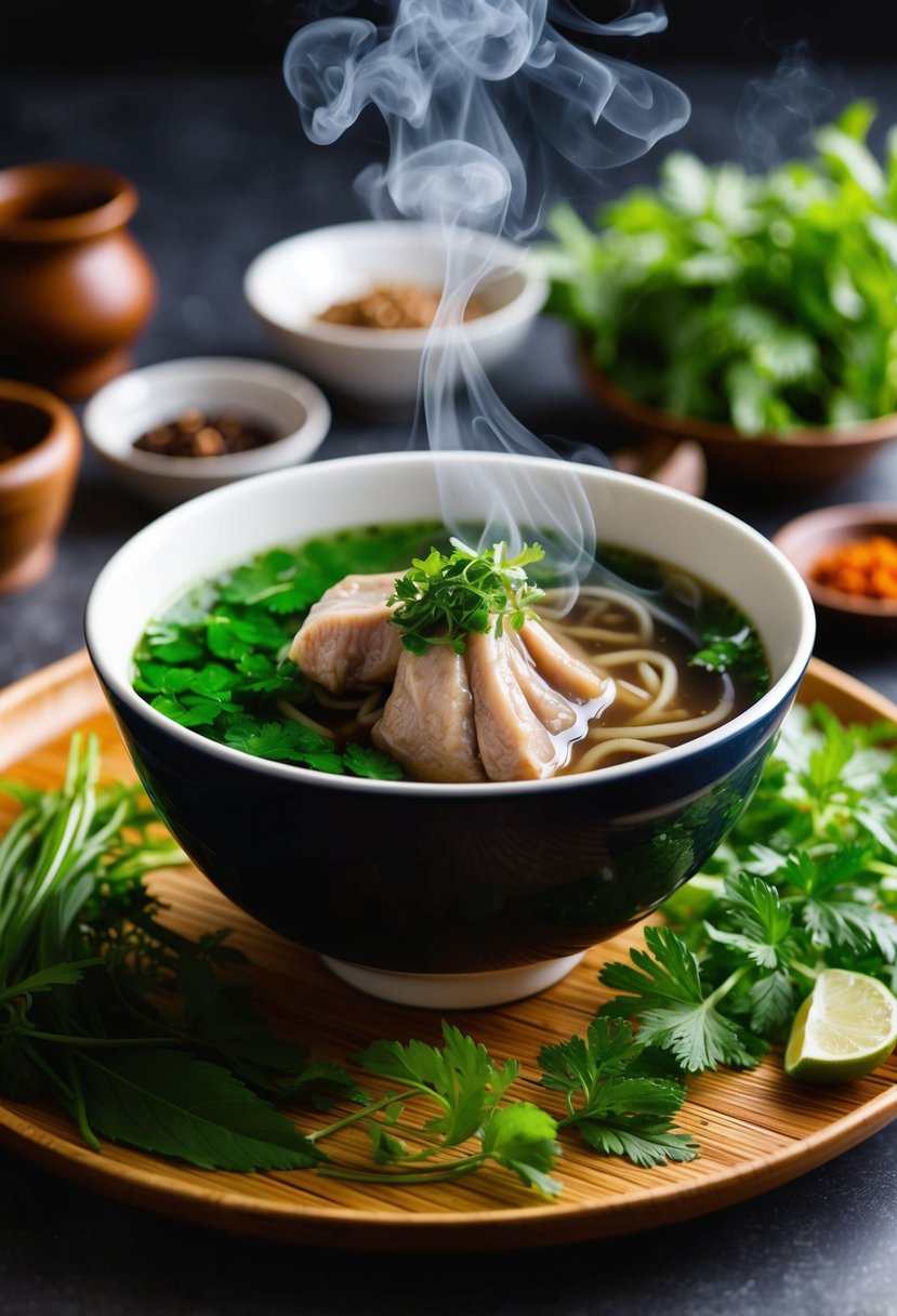 A steaming bowl of oxtail pho surrounded by fresh herbs and spices