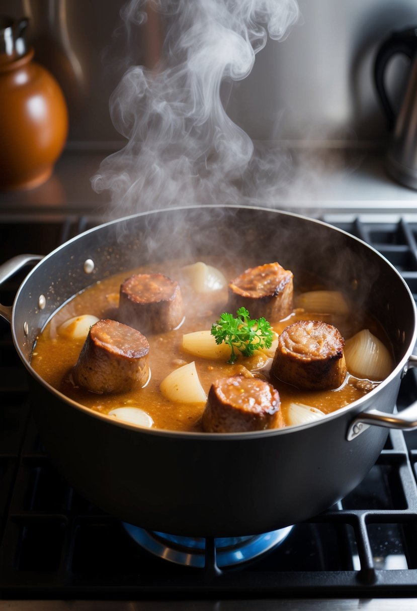 A large pot simmering with oxtails, onions, and gravy. Steam rises as the rich aroma fills the kitchen