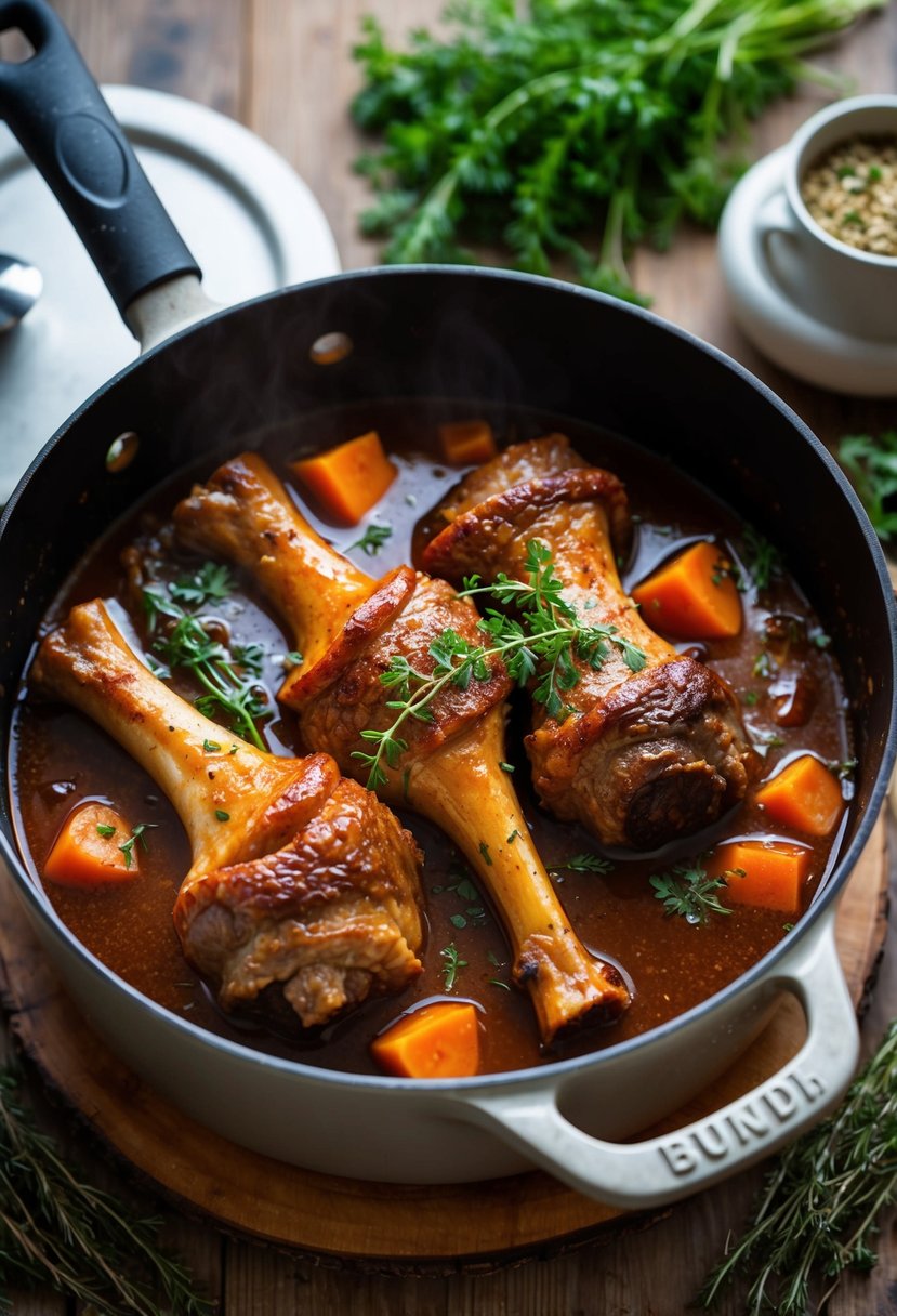 Oxtail simmering in rich red wine sauce in a rustic Dutch oven, surrounded by aromatic herbs and vegetables