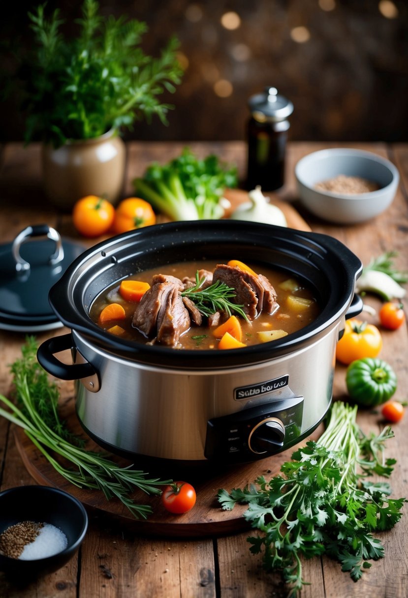 A rustic kitchen with a simmering slow cooker filled with hearty oxtail soup surrounded by fresh vegetables and aromatic herbs