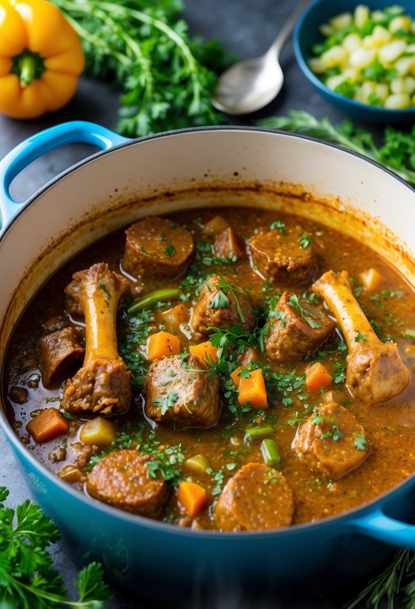 A simmering pot of oxtail ragu with rich, aromatic flavors, surrounded by fresh herbs and vegetables