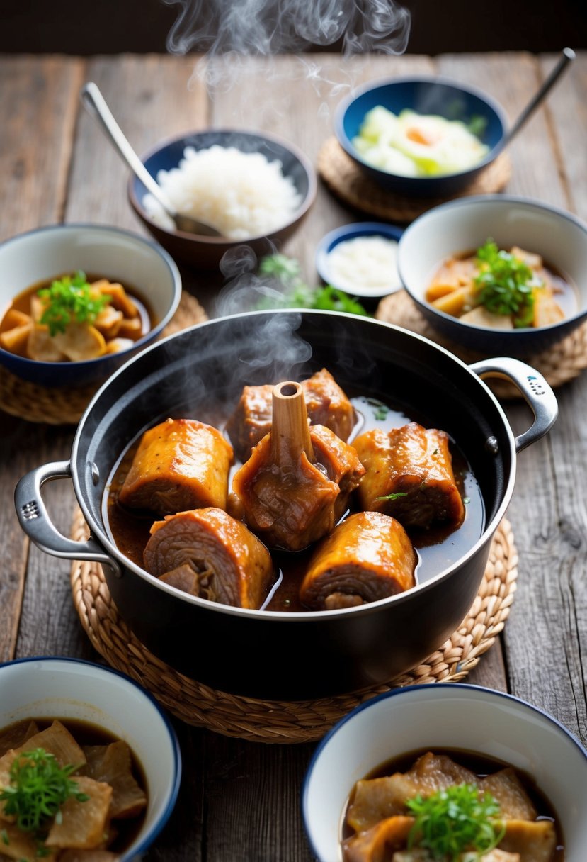 A steaming pot of Korean Braised Oxtail surrounded by traditional side dishes on a rustic wooden table