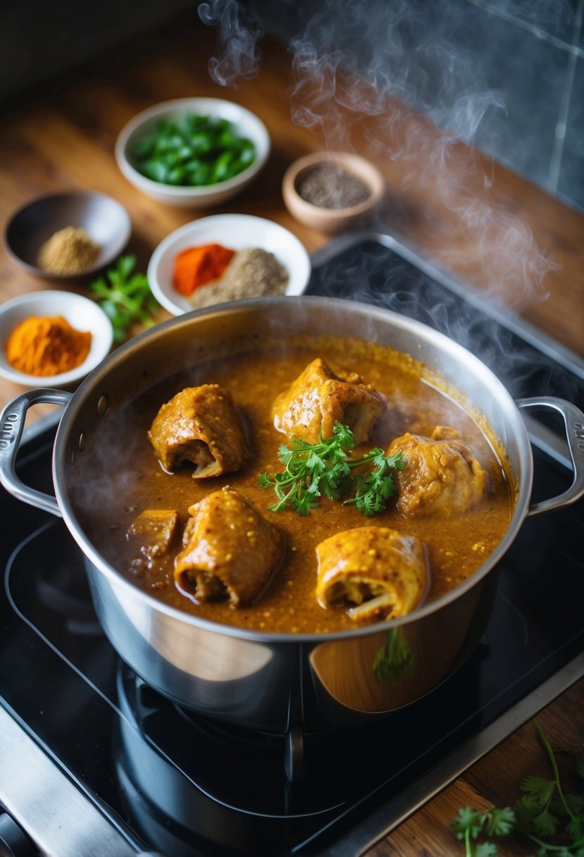 A steaming pot of oxtail curry simmering on a stove, surrounded by various spices and herbs