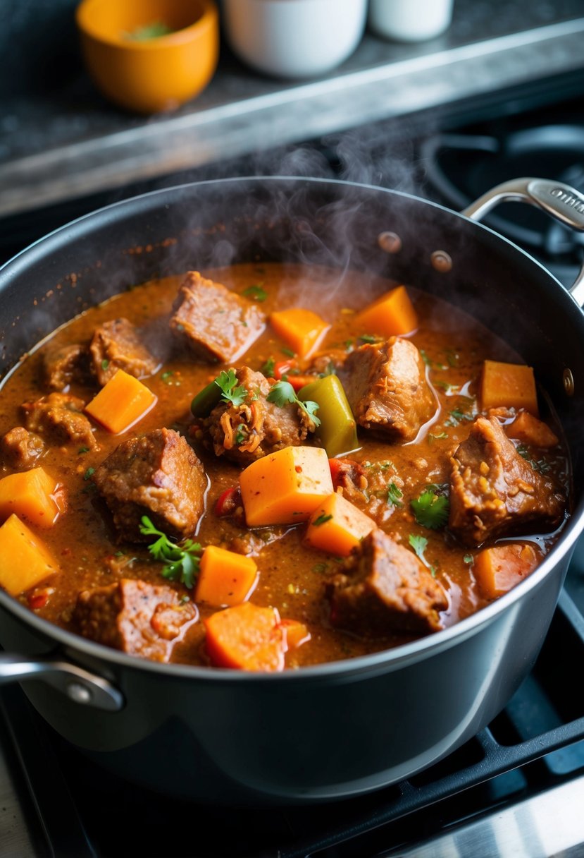 A steaming pot of Spicy Mexican Oxtail Stew, filled with chunks of tender meat, vibrant vegetables, and aromatic spices, simmering on a stovetop