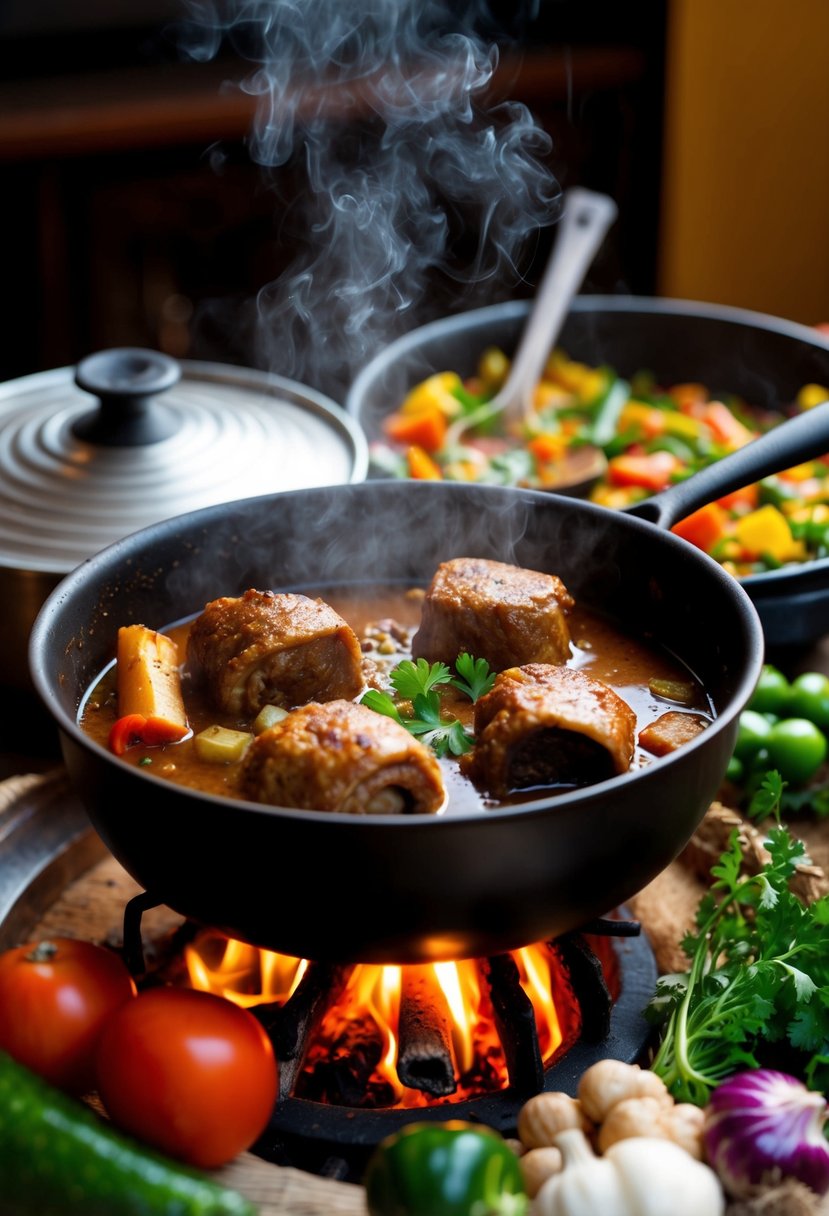 A steaming pot of Puerto Rican Oxtail Sancocho simmers over a crackling fire, surrounded by vibrant vegetables and aromatic spices