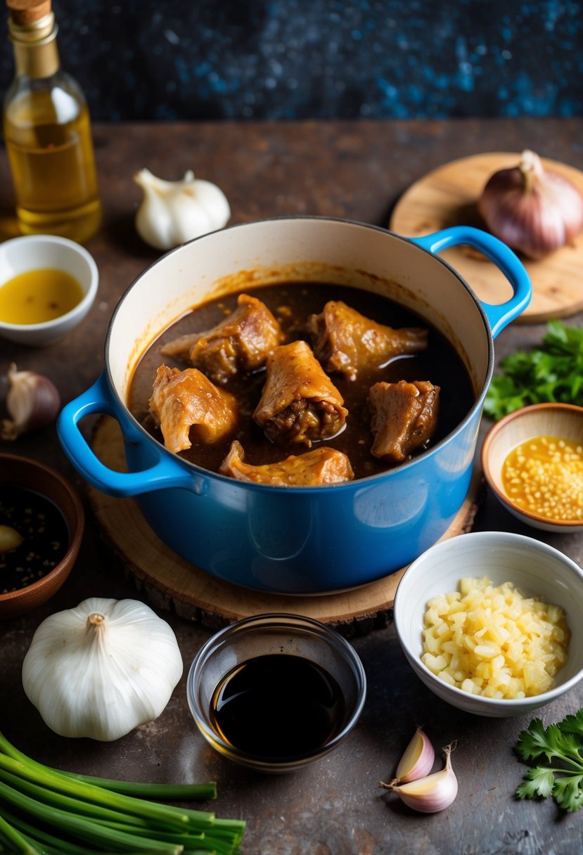 A simmering pot of oxtail adobo surrounded by ingredients like garlic, onions, soy sauce, and vinegar on a rustic kitchen counter