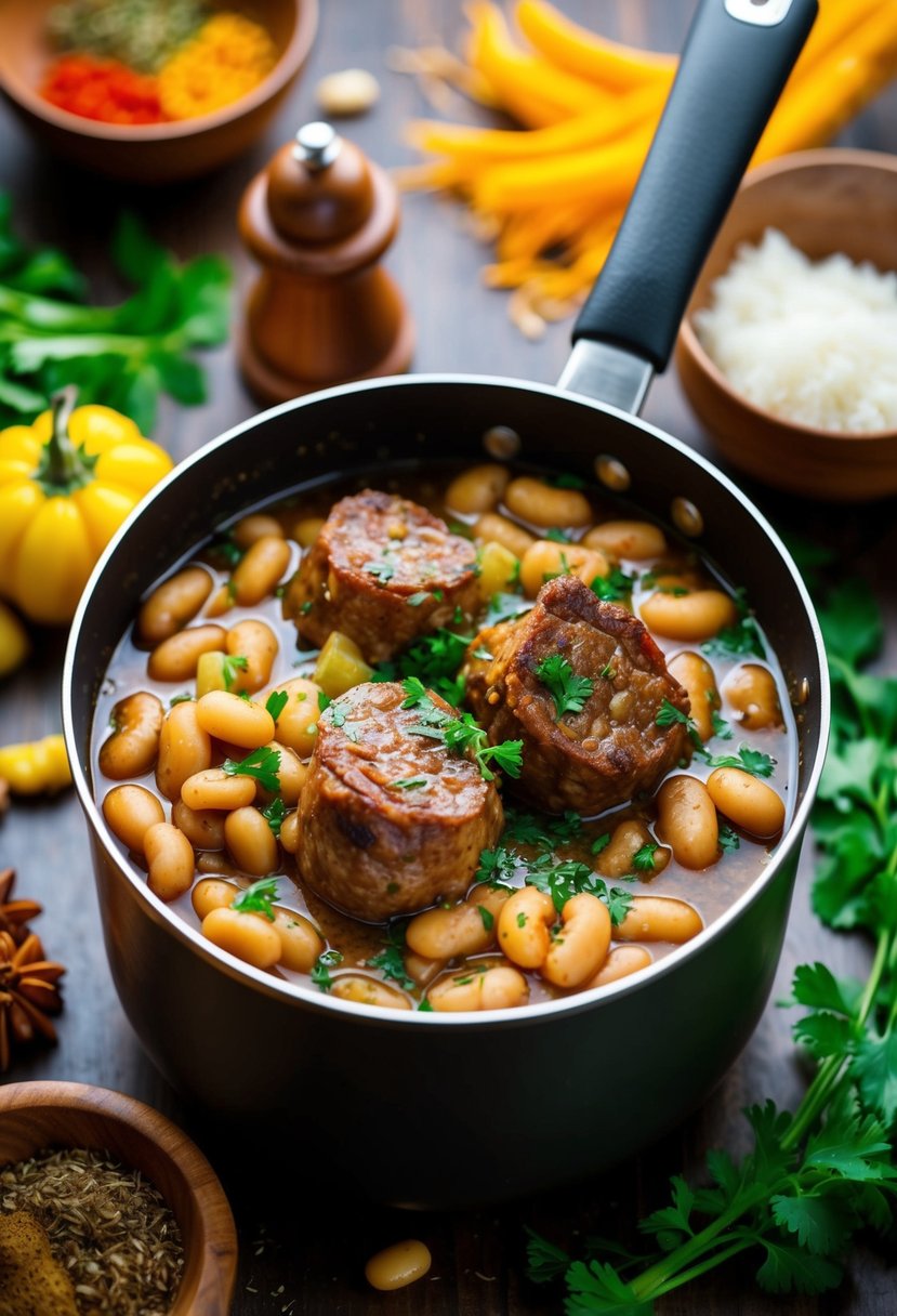 A pot of simmering oxtail and butter beans surrounded by vibrant Caribbean spices and herbs