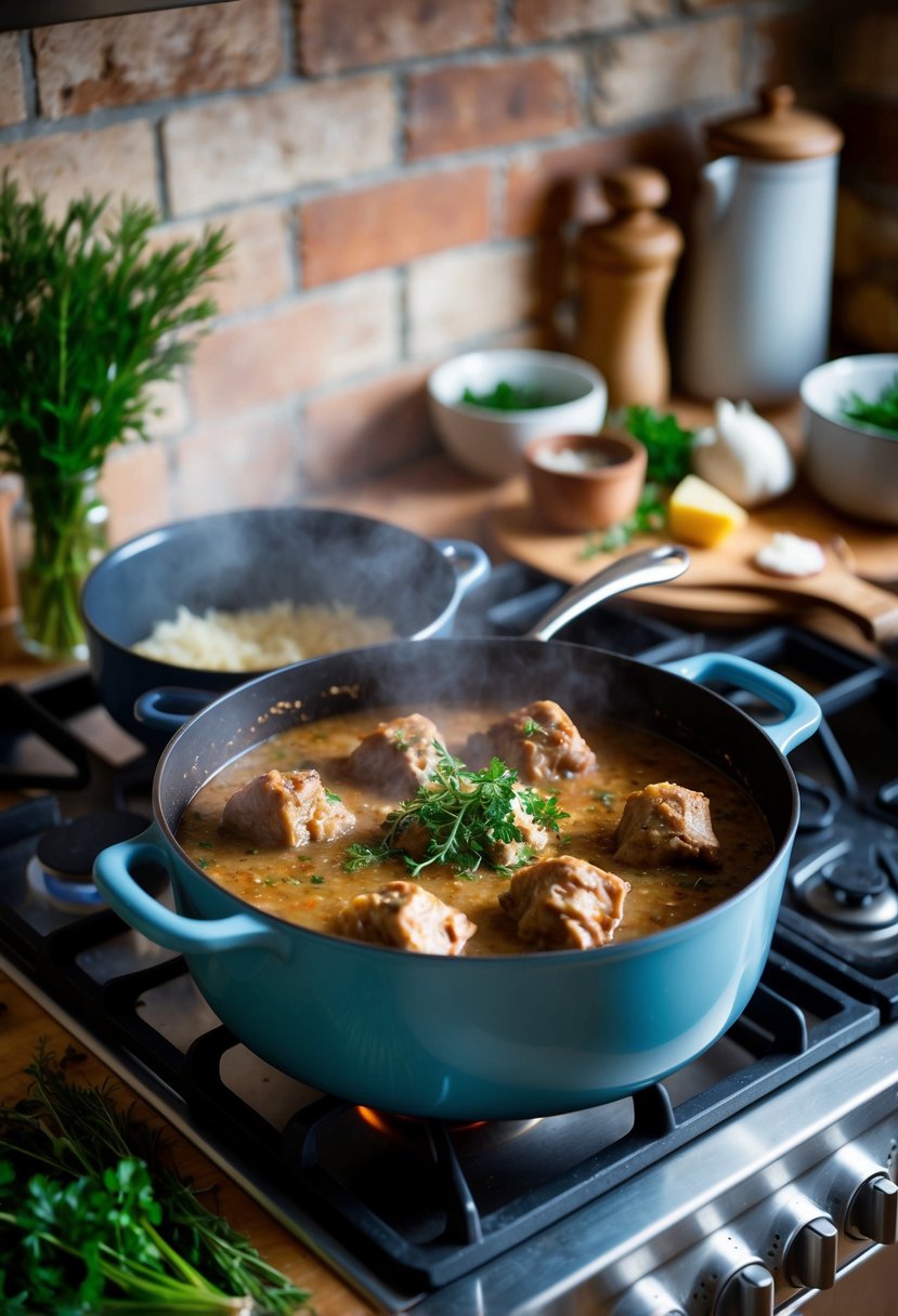 A rustic kitchen with a bubbling pot of oxtail stroganoff on a stove, surrounded by fresh herbs and ingredients