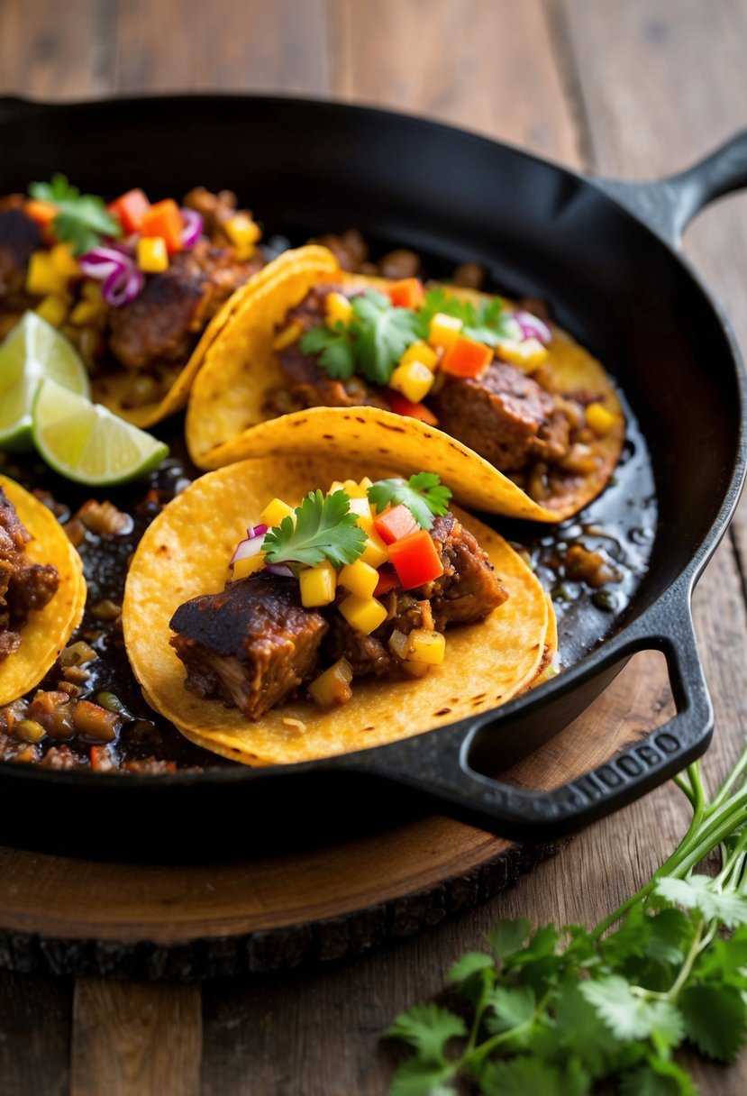 A sizzling skillet of oxtail tacos with colorful toppings on a wooden table