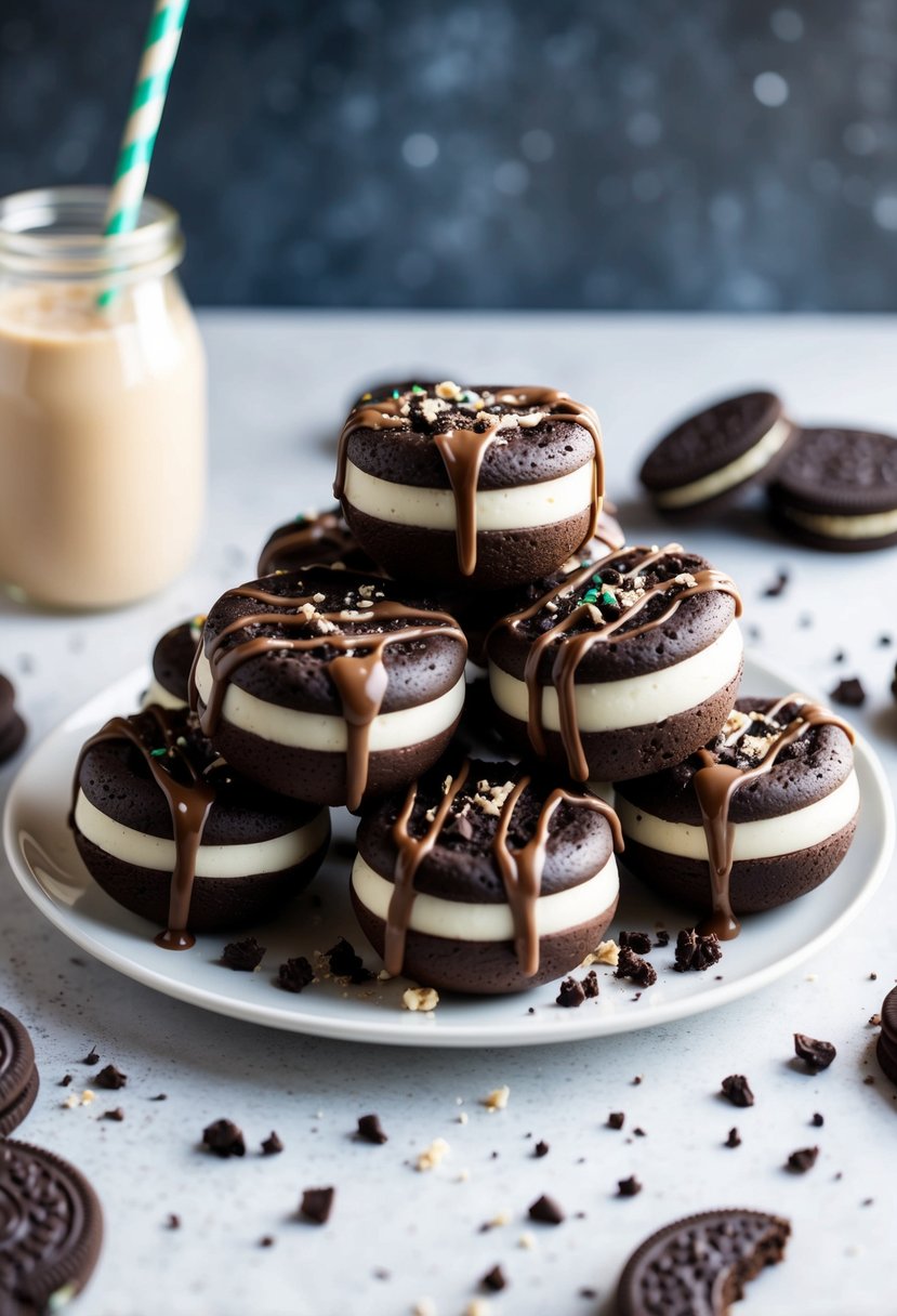 A platter of Oreo Brownie Bombs surrounded by scattered cookie crumbs and drizzled with chocolate sauce