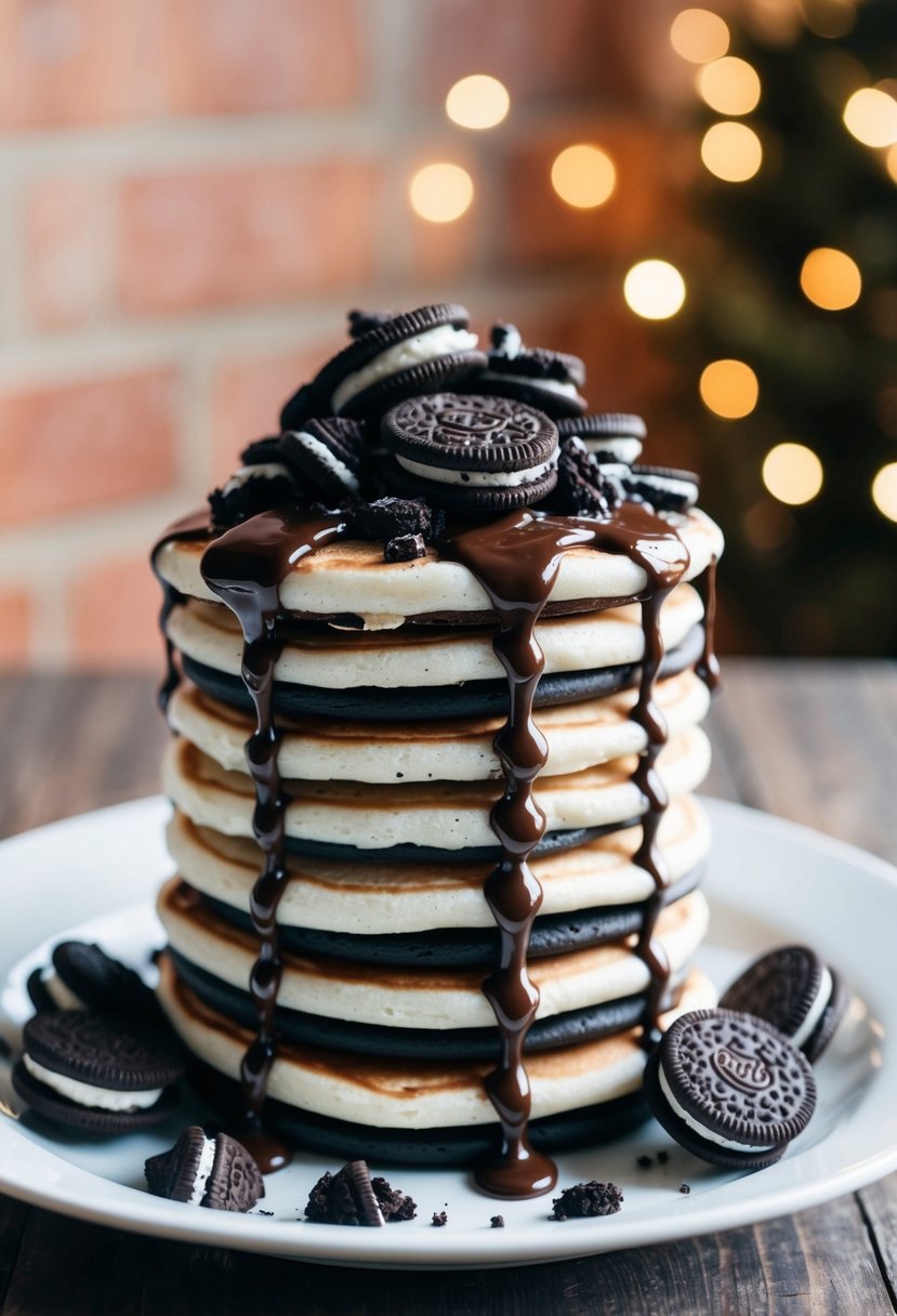 A stack of Oreo pancakes topped with crushed cookies and drizzled with chocolate syrup on a white plate