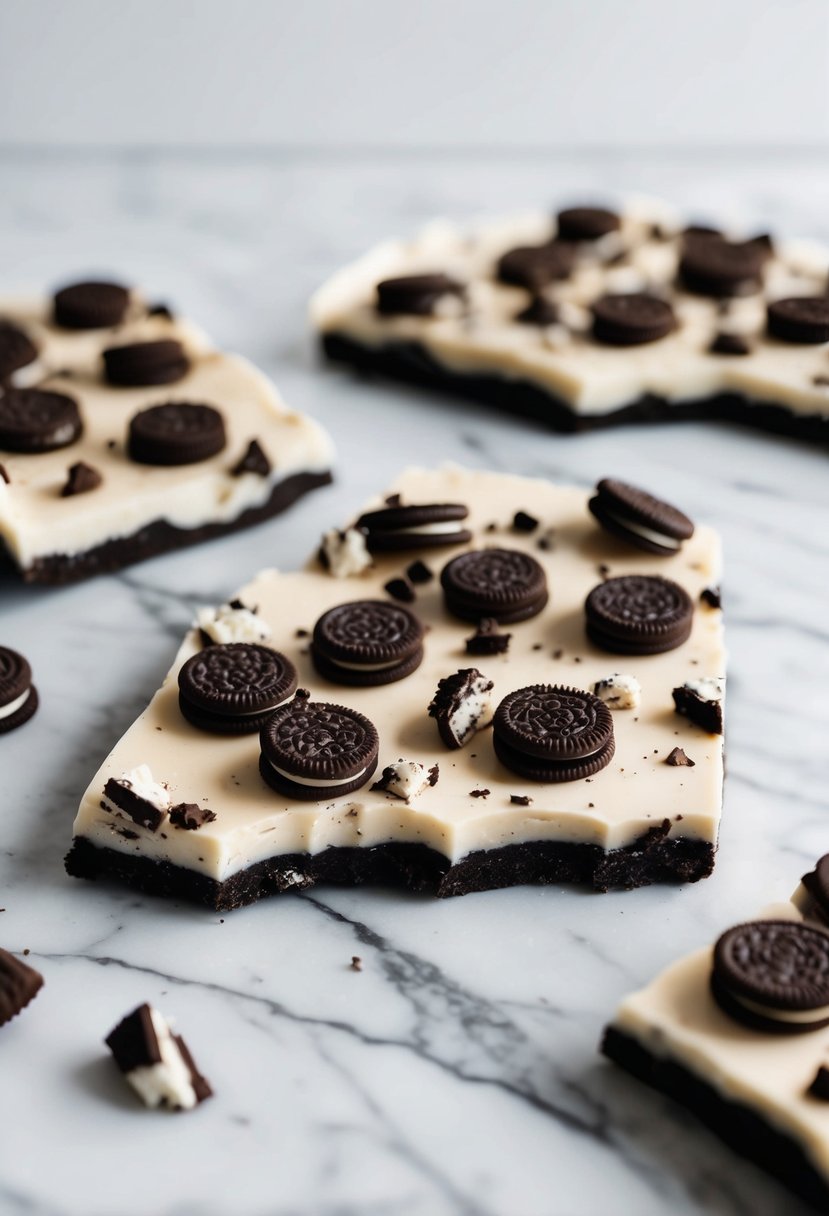 A marble slab covered in cookies and cream bark with crushed oreos and chocolate swirls