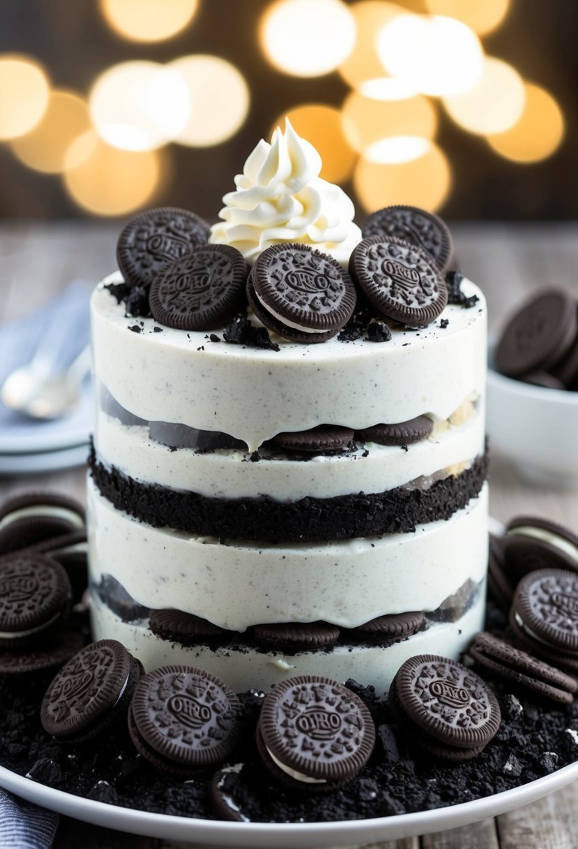 A layered Oreo icebox cake surrounded by a pile of crushed Oreo cookies, with a dollop of whipped cream on top and a few whole Oreos as garnish