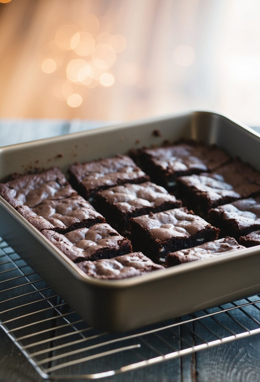 A pan of freshly baked Oreo stuffed brownies cooling on a wire rack