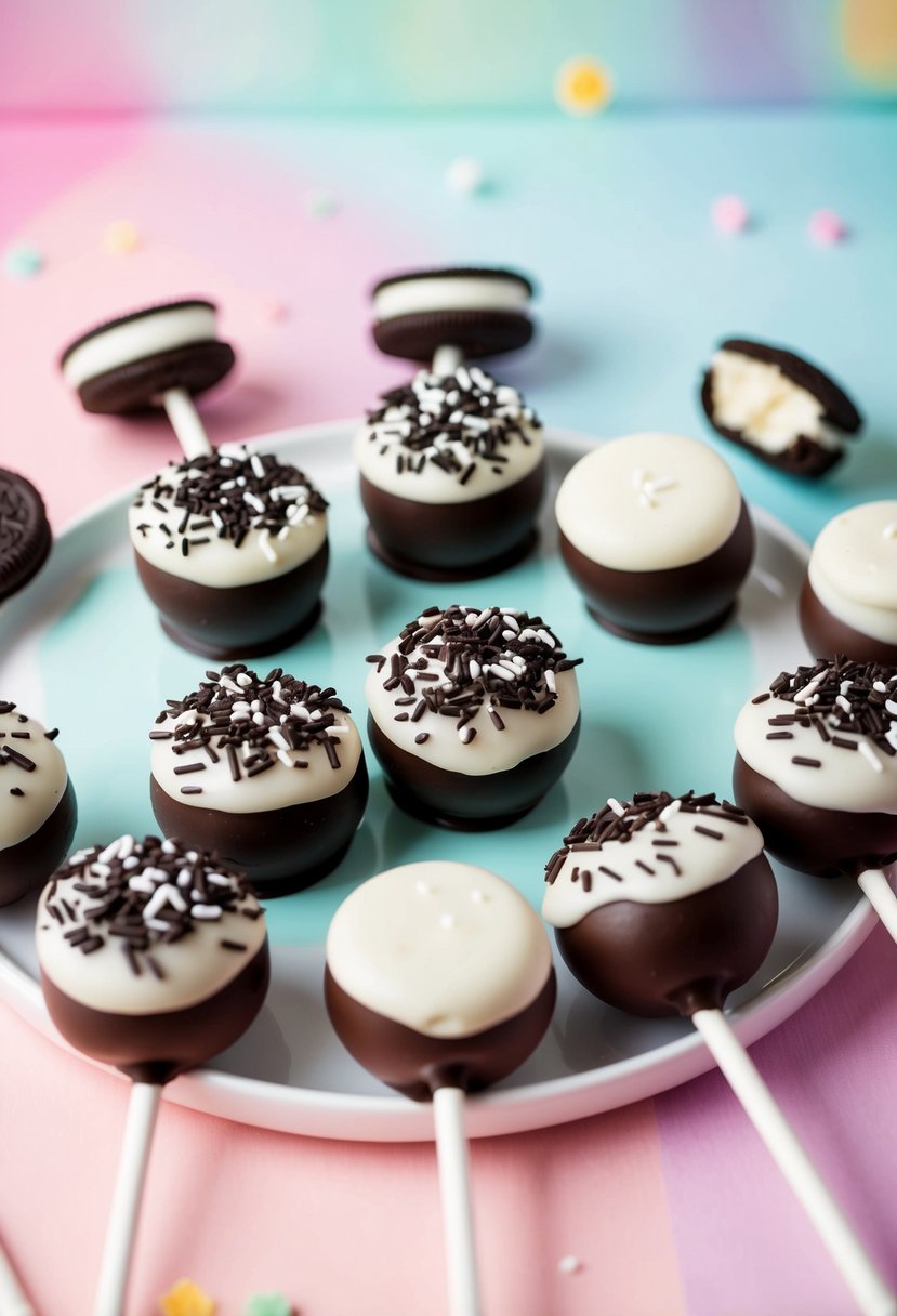 A plate of Oreo cake pops arranged in a circle, with white icing and sprinkles on top, against a pastel-colored background