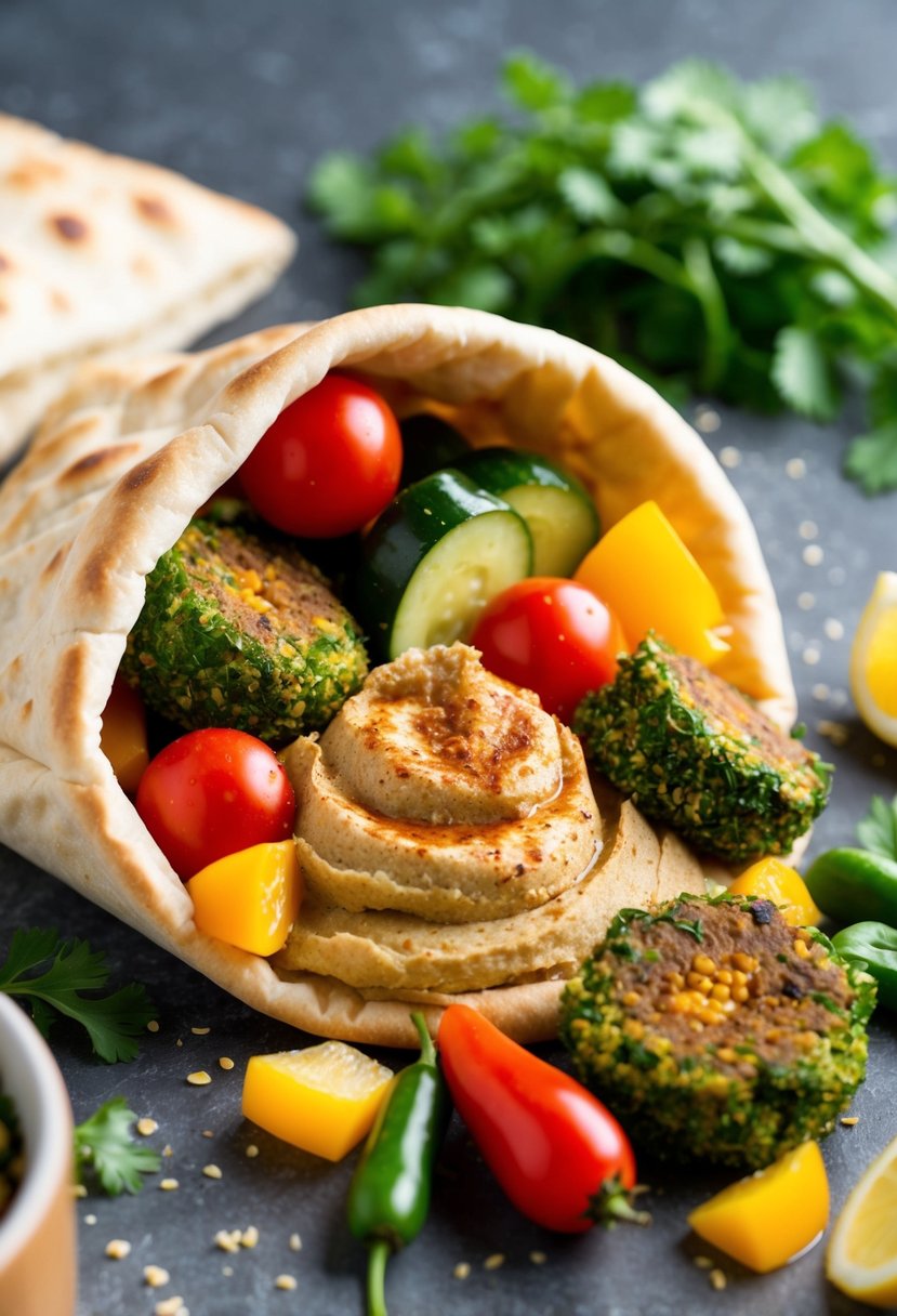 A colorful array of fresh vegetables, hummus, and falafel spilling out of an open pita pocket