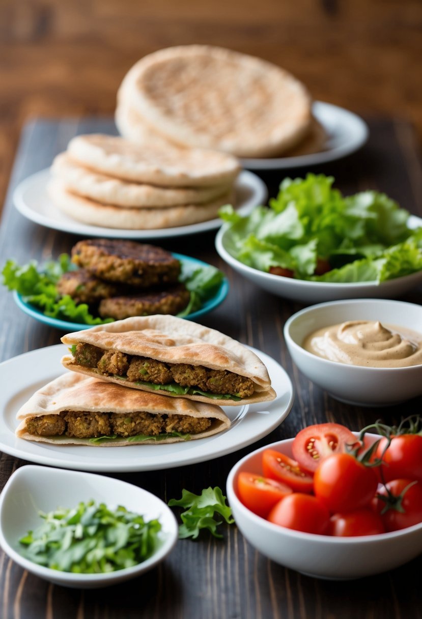 A table set with various ingredients such as falafel, pita bread, lettuce, tomatoes, and tahini sauce, ready to be assembled into pita pockets