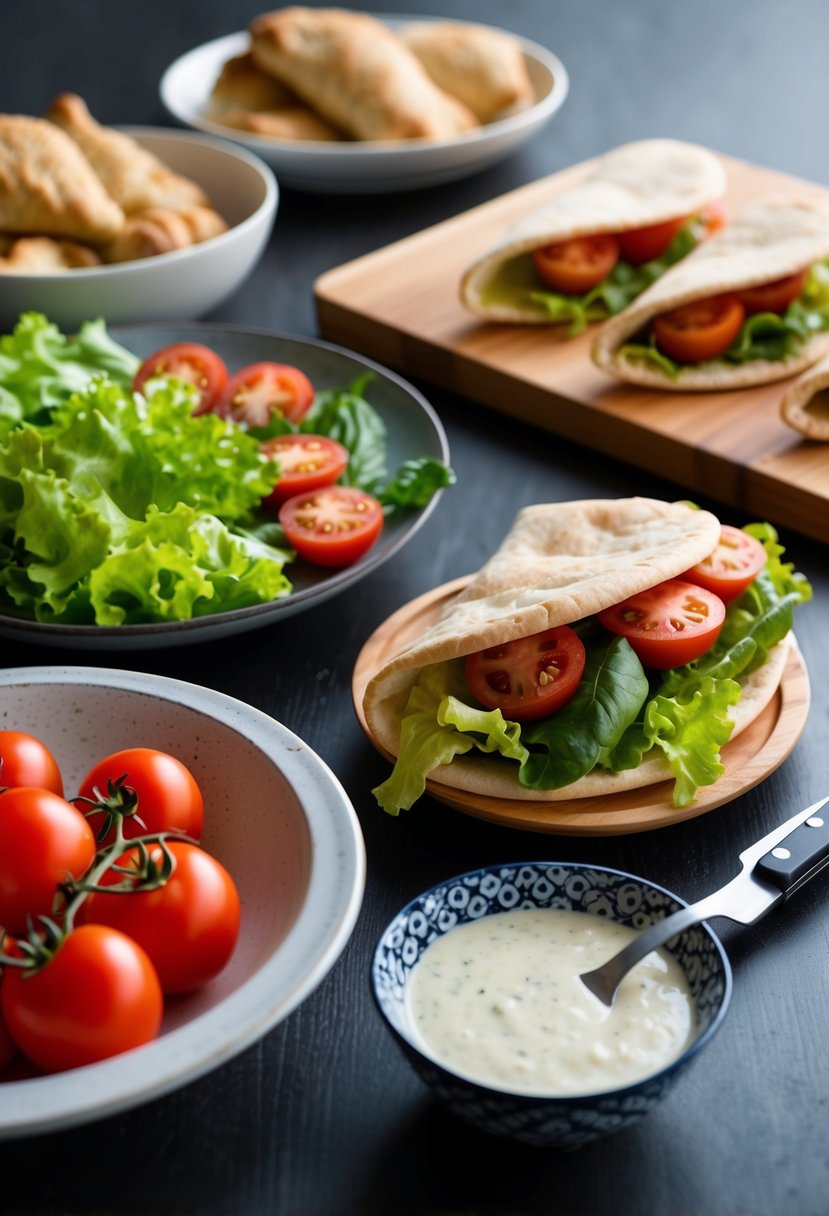 A table with ingredients: chicken, lettuce, tomatoes, and pita pockets. A bowl of Caesar dressing and a cutting board with a knife