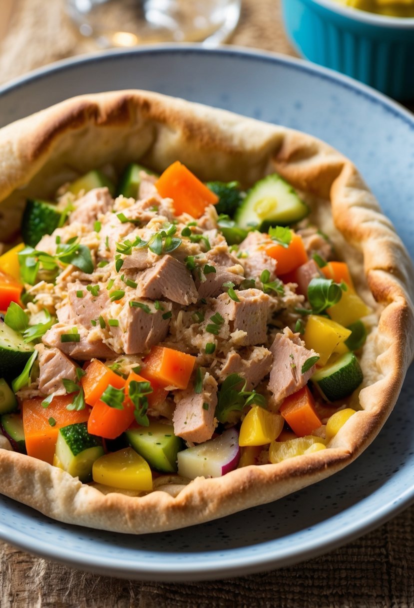 A colorful spread of chopped vegetables, flaky tuna, and creamy hummus nestled inside a warm, golden pita pocket