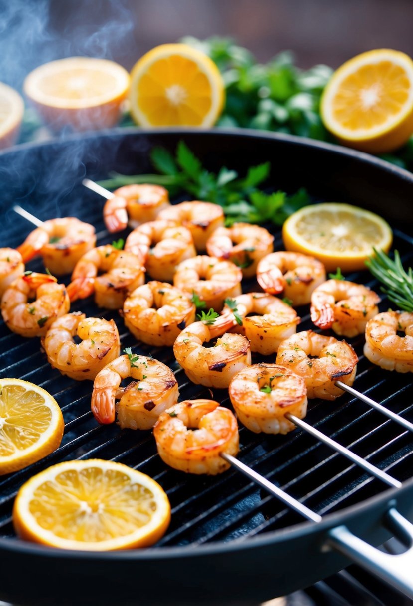 A sizzling grill with skewers of seasoned shrimp, surrounded by fresh herbs and citrus slices