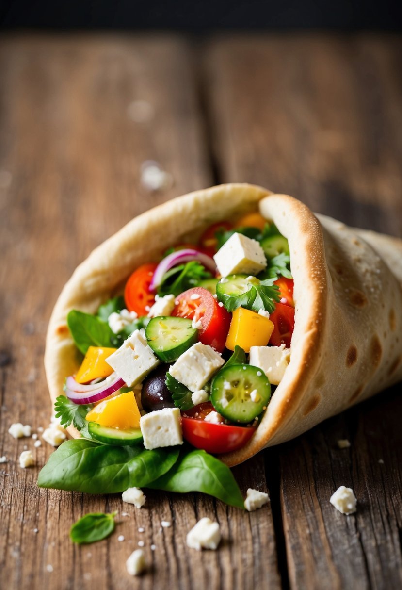 A colorful Greek salad spilling out of a pita pocket, with vibrant vegetables and feta cheese