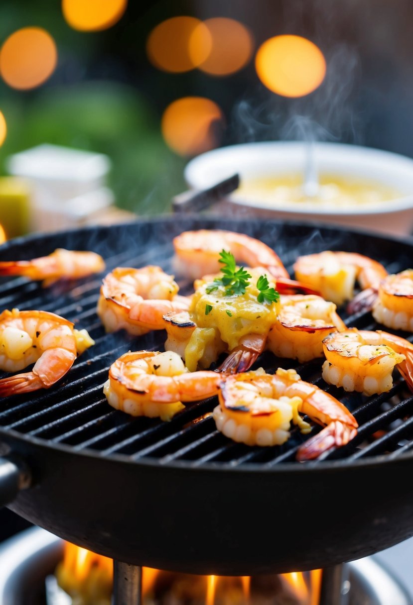 A sizzling grill with succulent shrimp basted in garlic butter