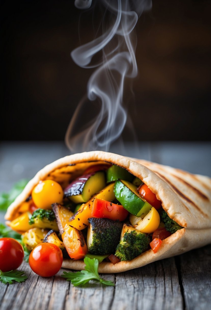 A colorful array of grilled vegetables spilling out of a pita pocket, with steam rising from the warm and savory filling