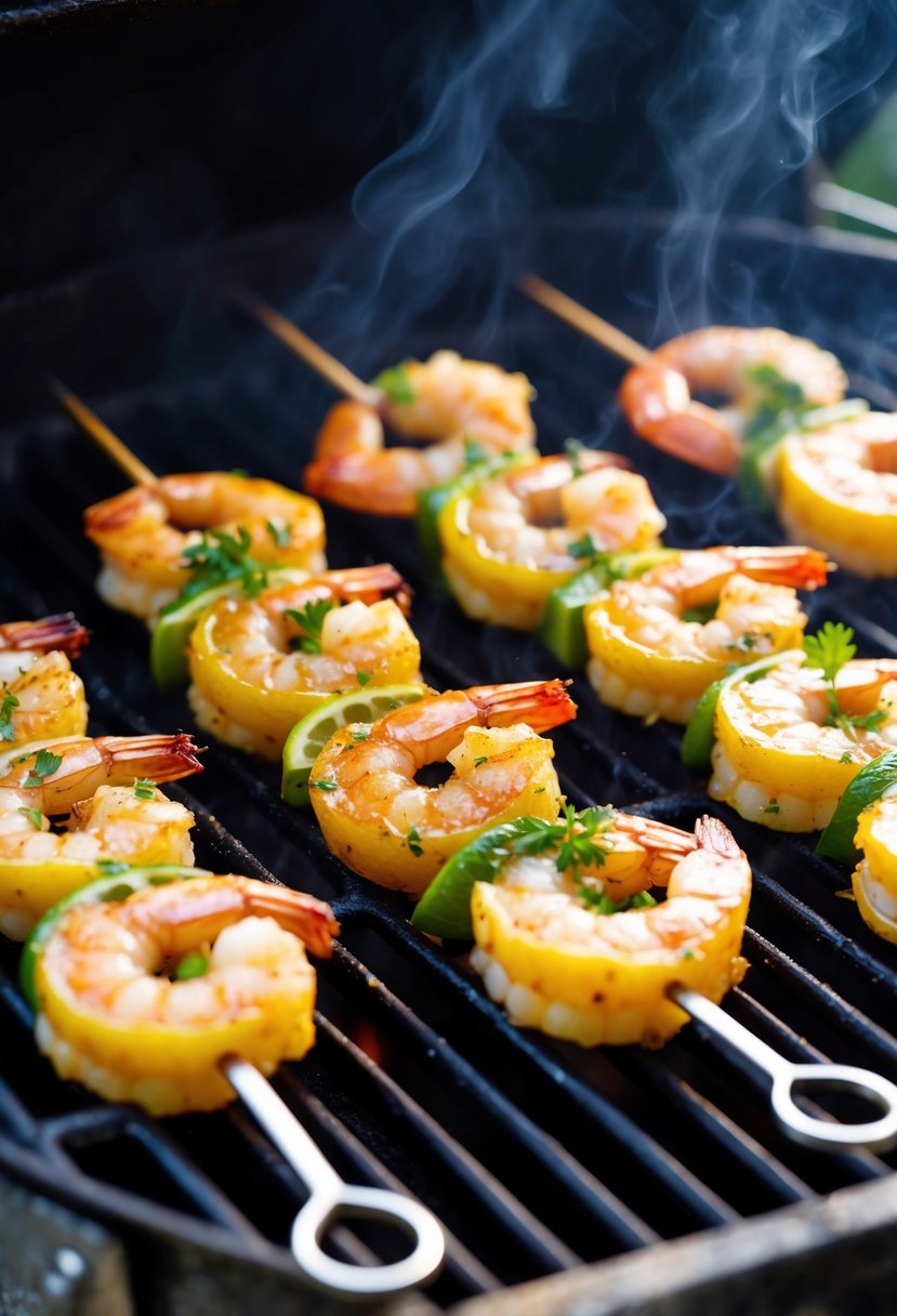 Plump shrimp skewers sizzling on a smoky grill, coated in zesty lemon and fragrant herbs