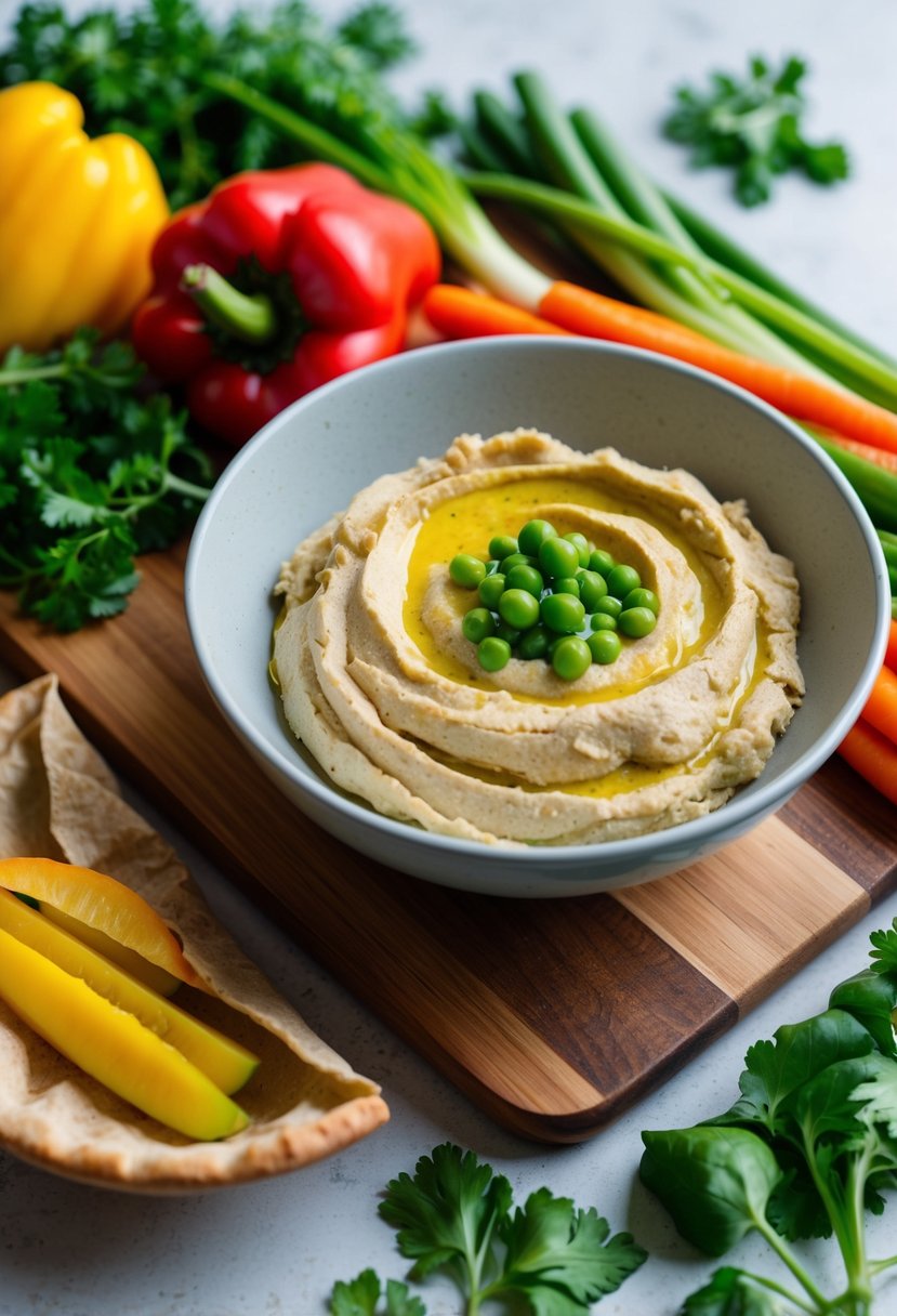 A colorful array of fresh vegetables and a bowl of creamy hummus on a wooden cutting board next to a halved pita pocket