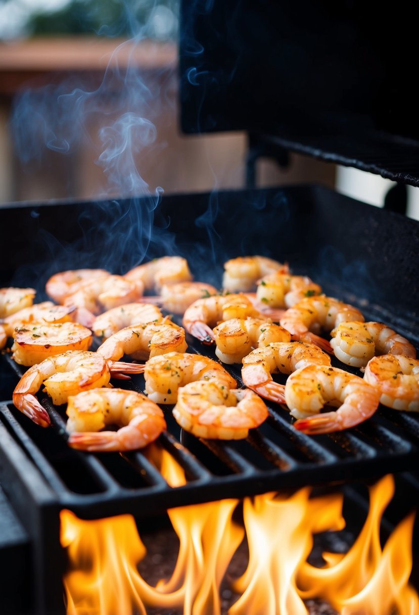 A sizzling grill with plump Cajun-seasoned shrimp cooking over open flames, emitting a mouthwatering aroma