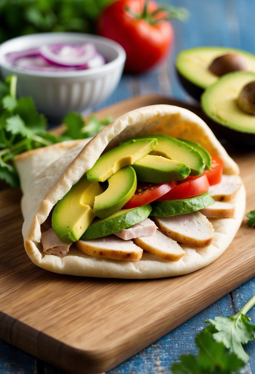 A pita pocket filled with sliced turkey, creamy avocado, and fresh vegetables on a wooden cutting board