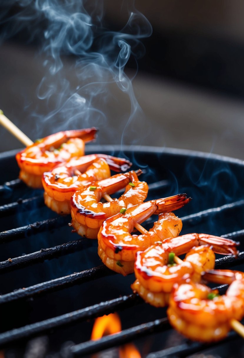 A sizzling shrimp skewer coated in glossy teriyaki glaze, grilling over hot coals with a smoky aroma wafting through the air