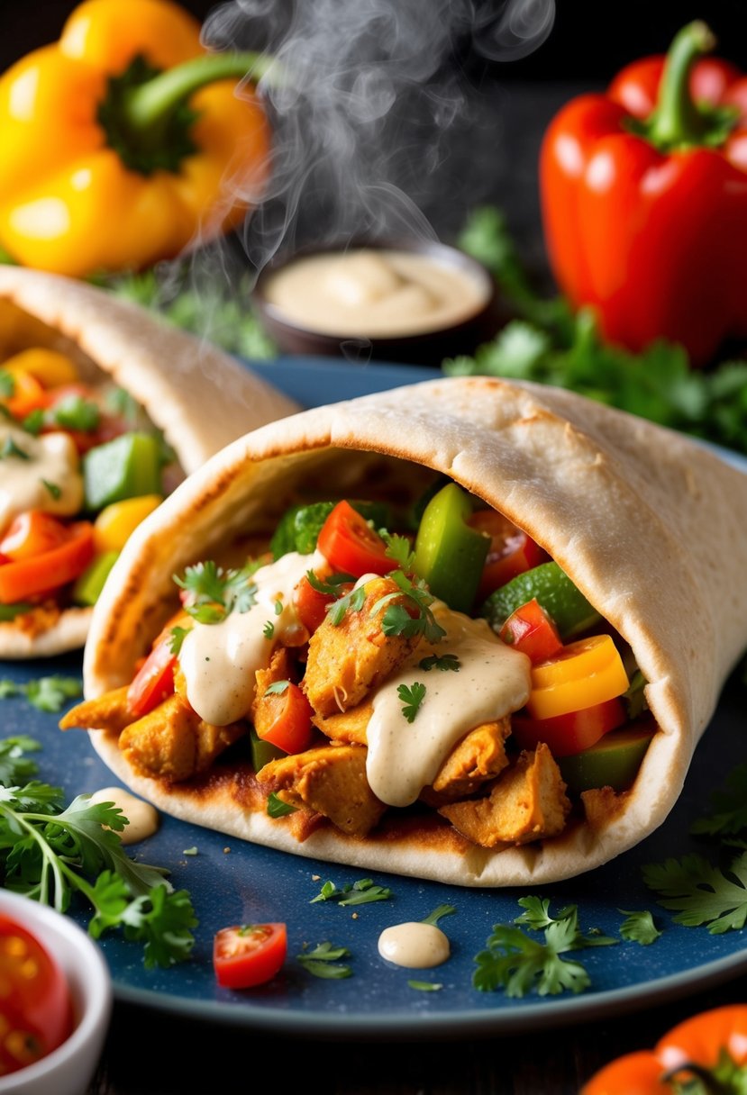 A steaming pita pocket filled with spicy chicken, fresh vegetables, and creamy sauce, surrounded by colorful ingredients like peppers, tomatoes, and herbs