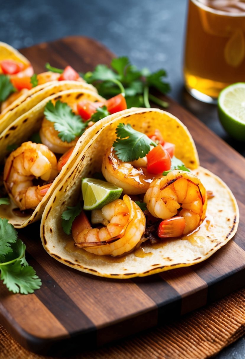 Grilled shrimp tacos with honey lime glaze, topped with fresh cilantro and diced tomatoes, served on a wooden platter