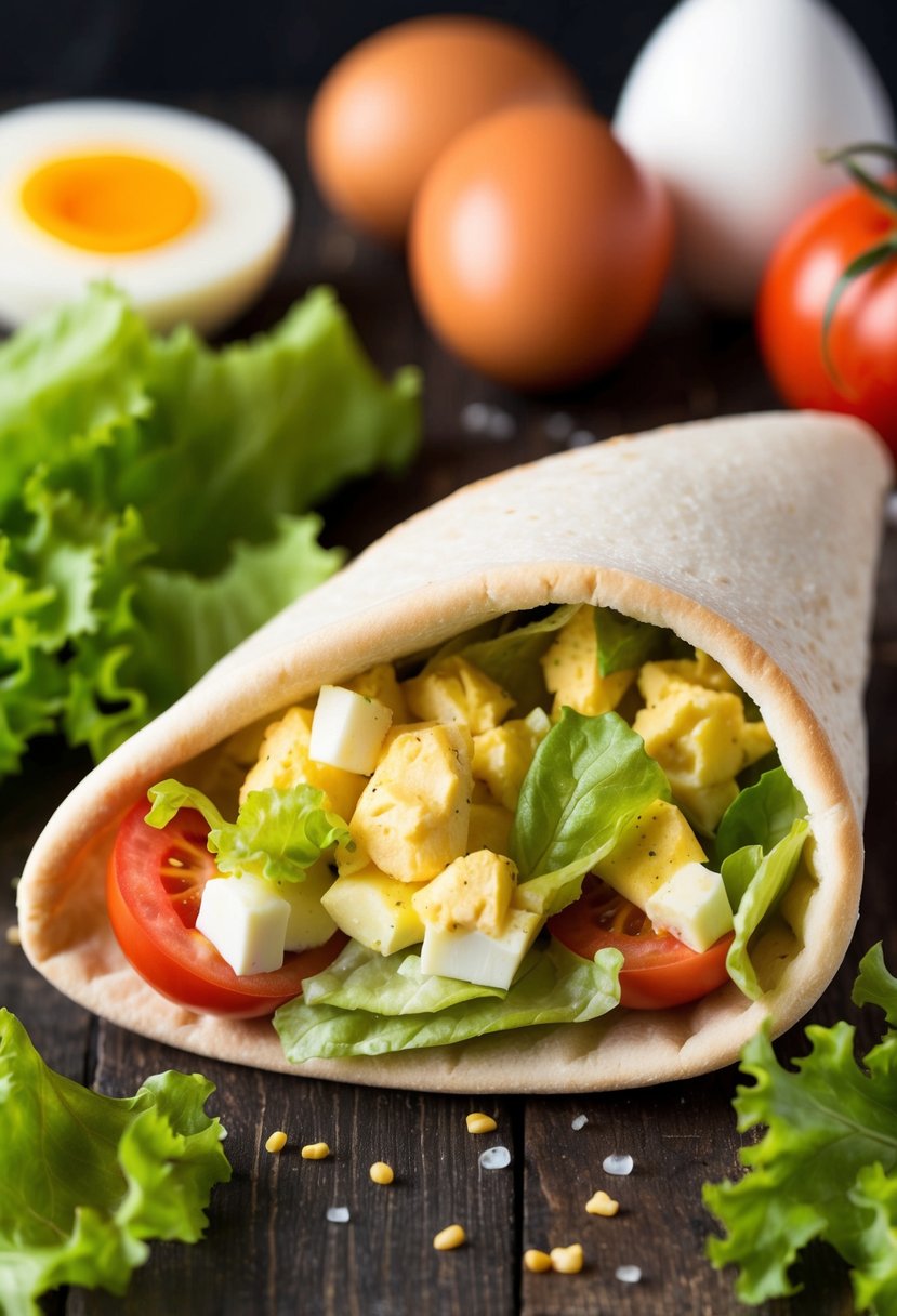 A pita pocket filled with egg salad, lettuce, and tomatoes, surrounded by fresh ingredients like eggs, lettuce, and tomatoes